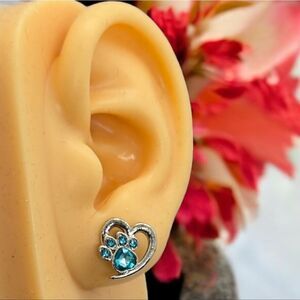 Rhinestone Paw Print Heart Earring Silver Pierced Stud Cat Lady Dog Mom Animal